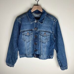 Y2K L.E.I. Denim Trucker Style Jacket Dark Wash Juniors Size Medium 18x19.5